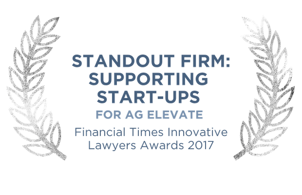 Standout Firm: Supporting  Start-ups  for AG Elevate - Financial Times Innovative Lawyers Awards 2017 in a silver gradient laurel