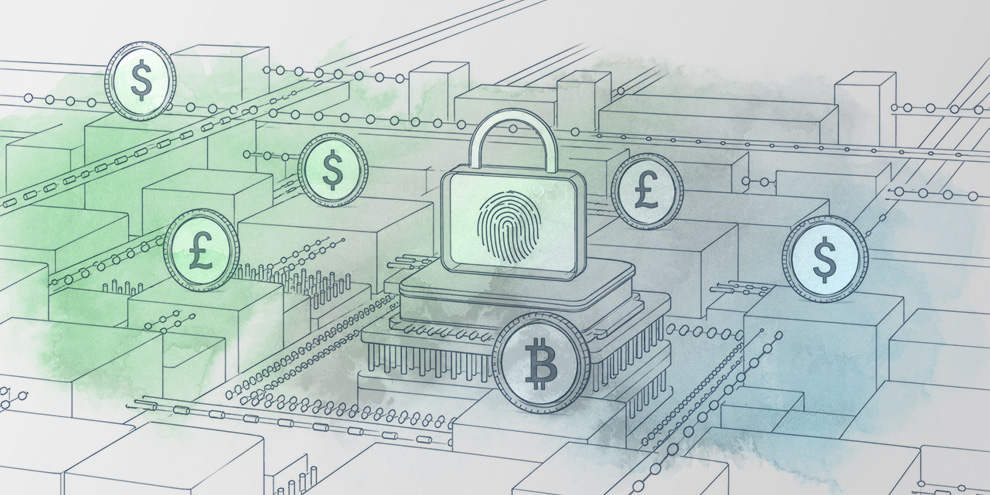 teaser with fingerprint and coins interwoven blue and green 