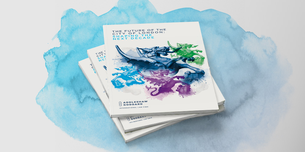 The Future of the City of London report mock up on a cyan watercolour background