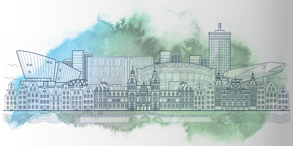 The Netherlands city skyline line art with cyan and green watercolour