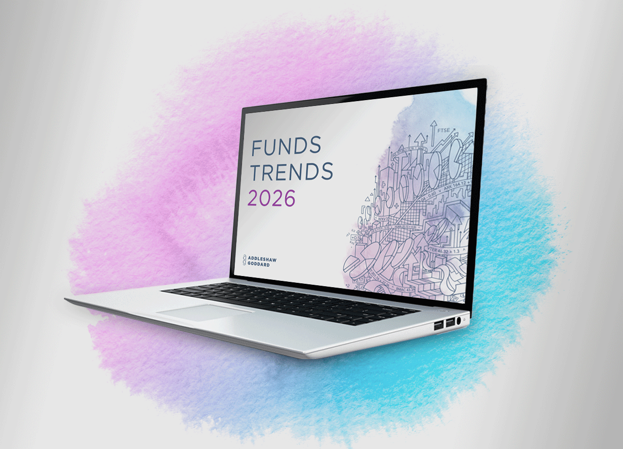 private funds report laptop screen with purple and blue watercolour