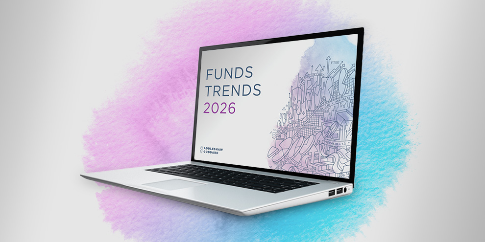 private funds trends report laptop image with purple and blue watercolour image