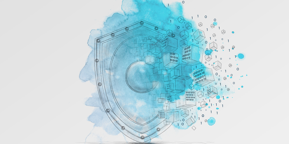 Cyber shield line art with blue watercolour