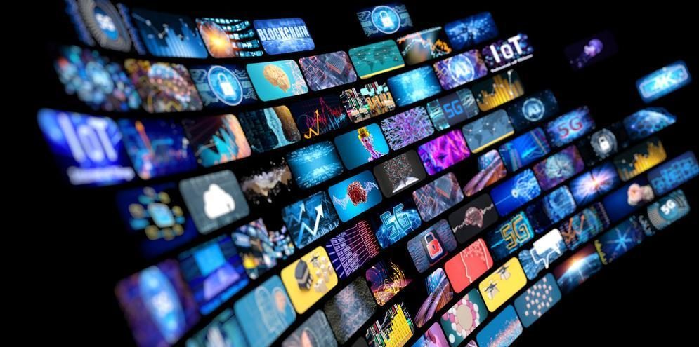 Media screens with different programmes on the screens